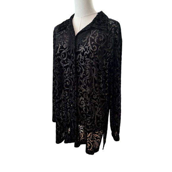 Women's XL Black Burnout Velvet Whimsical Goth Collared Button-Up Sheer Blouse - Picture 5 of 7